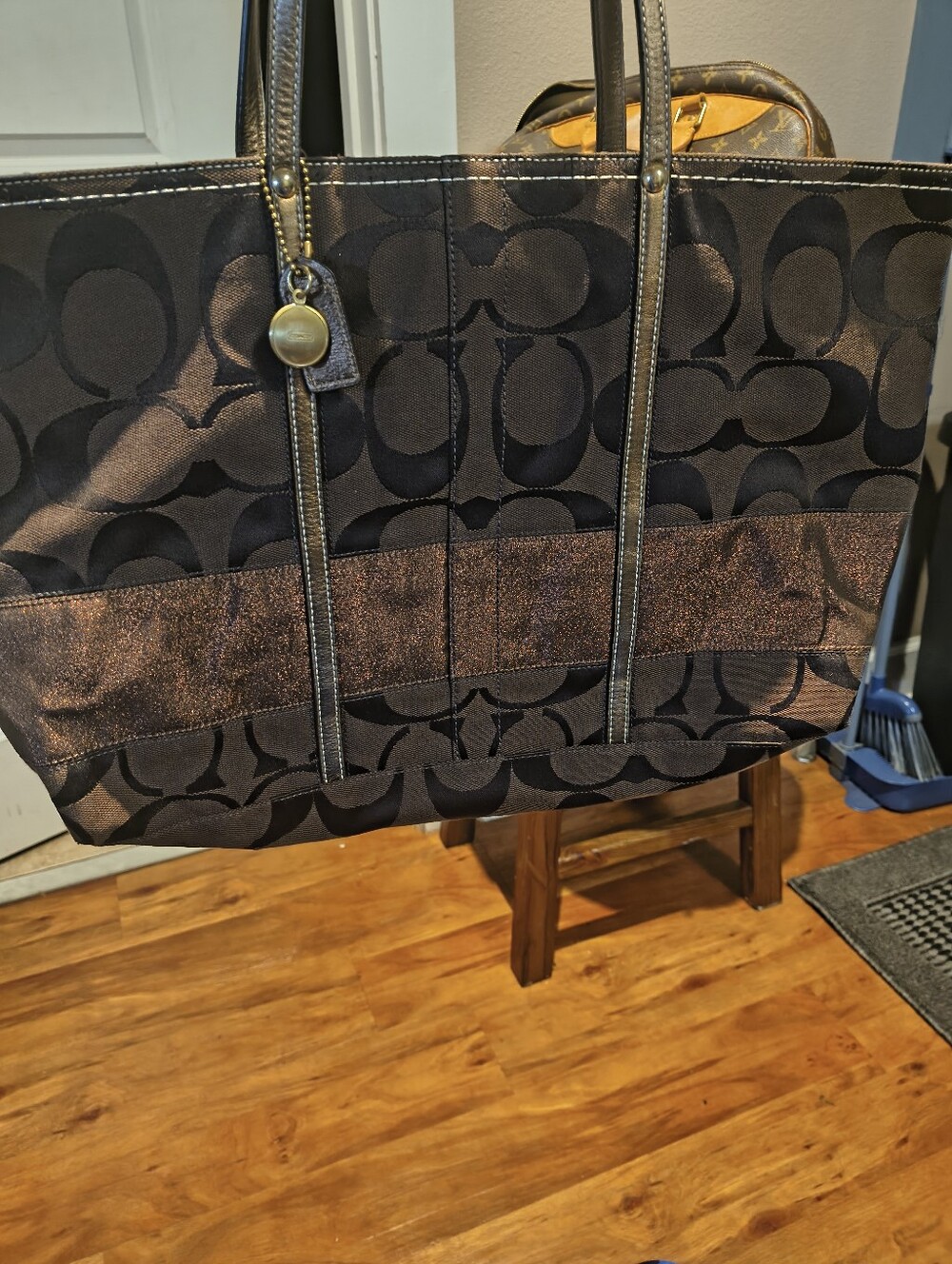 Coach Black Signature Tote with Metallic Trim - Picture 4 of 4
